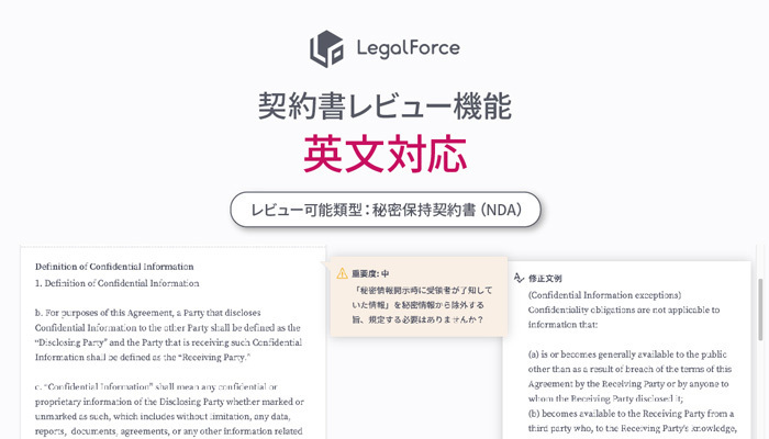 AIで瞬時に契約書レビューができるソフト「LegalForce」が英文秘密保持契約書（NDA）に対応 2番目の画像